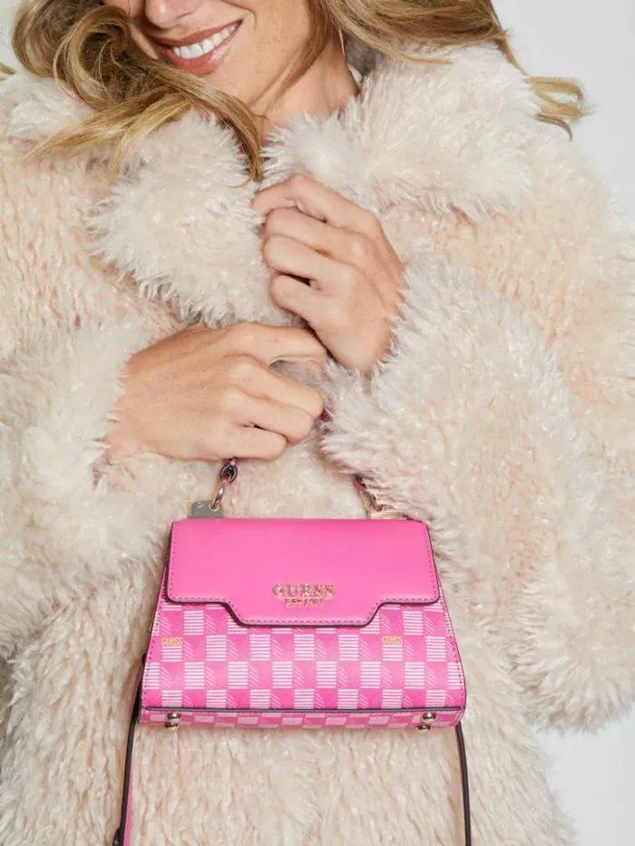 Women GUESS Handbags Hallie Mini FoldOver Flap Bag Fuchsia Logo