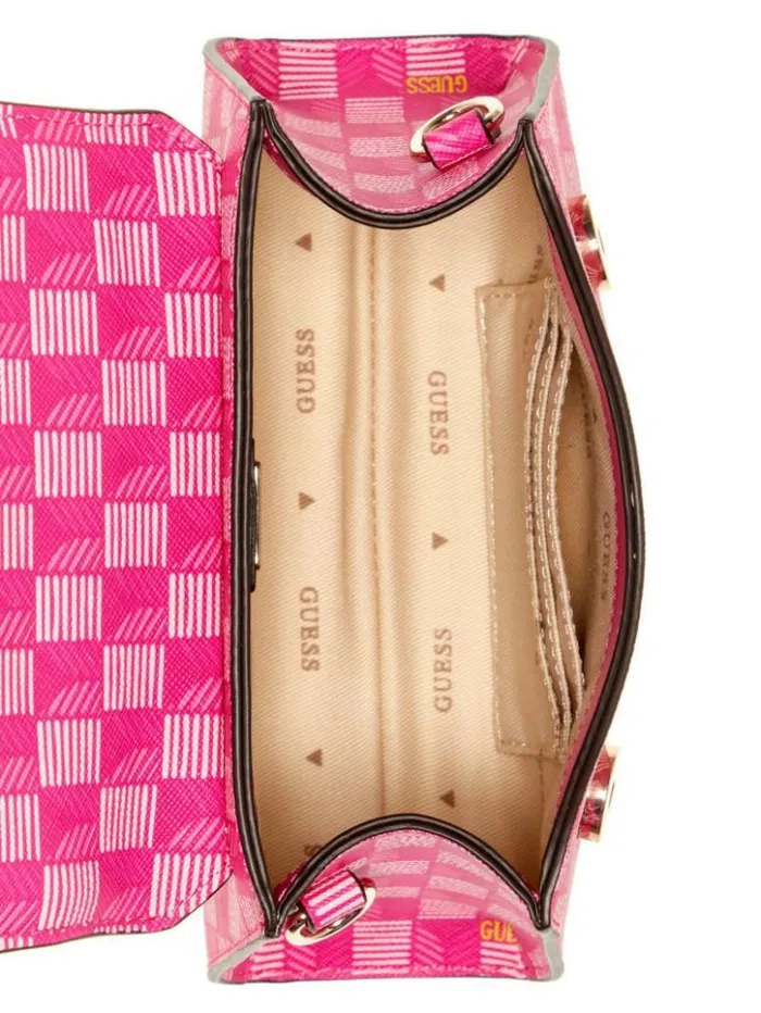 Women GUESS Handbags Hallie Mini FoldOver Flap Bag Fuchsia Logo