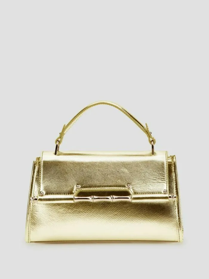 Women GUESS Handbags Iris Metallic Leather Top Handle Bag Gold