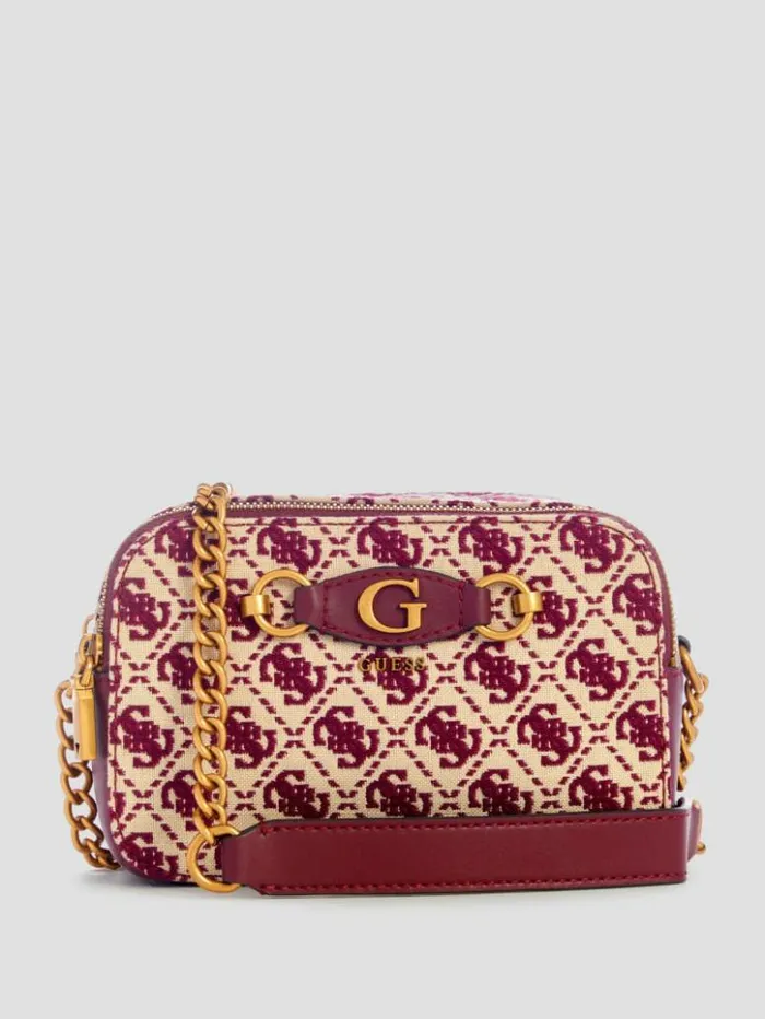 Women GUESS Handbags Izzy Jacquard Logo Camera Bag Burgundy
