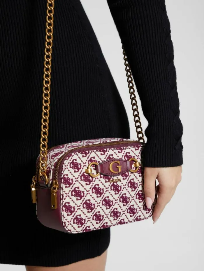 Women GUESS Handbags Izzy Jacquard Logo Camera Bag Burgundy