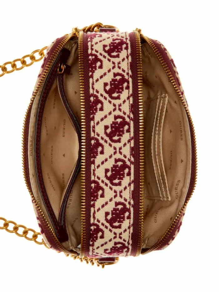 Women GUESS Handbags Izzy Jacquard Logo Camera Bag Burgundy