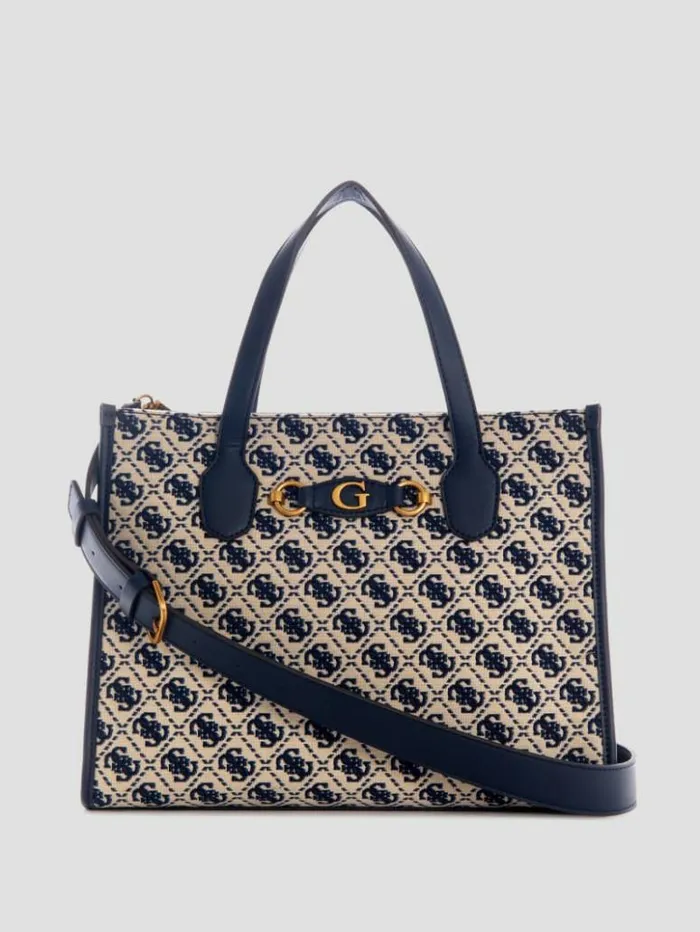 Women GUESS Handbags Izzy Jacquard Logo Tote Navy Logo