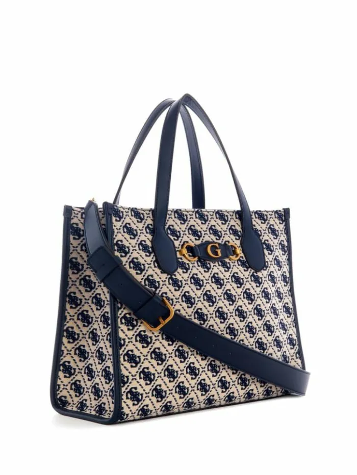 Women GUESS Handbags Izzy Jacquard Logo Tote Navy Logo