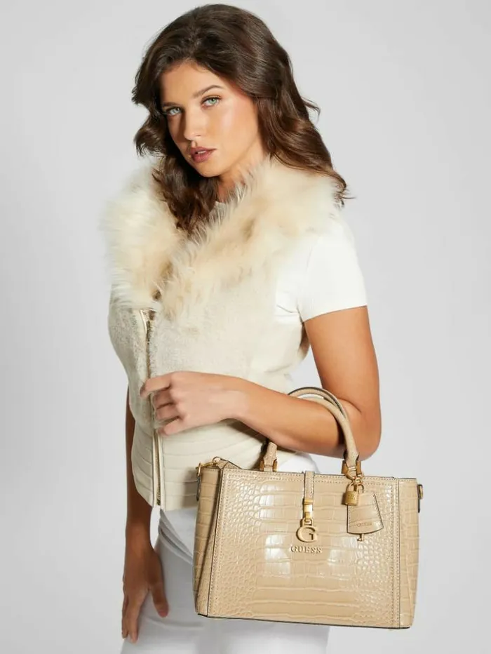 Women GUESS Handbags James Girlfriend Satchel Taupe