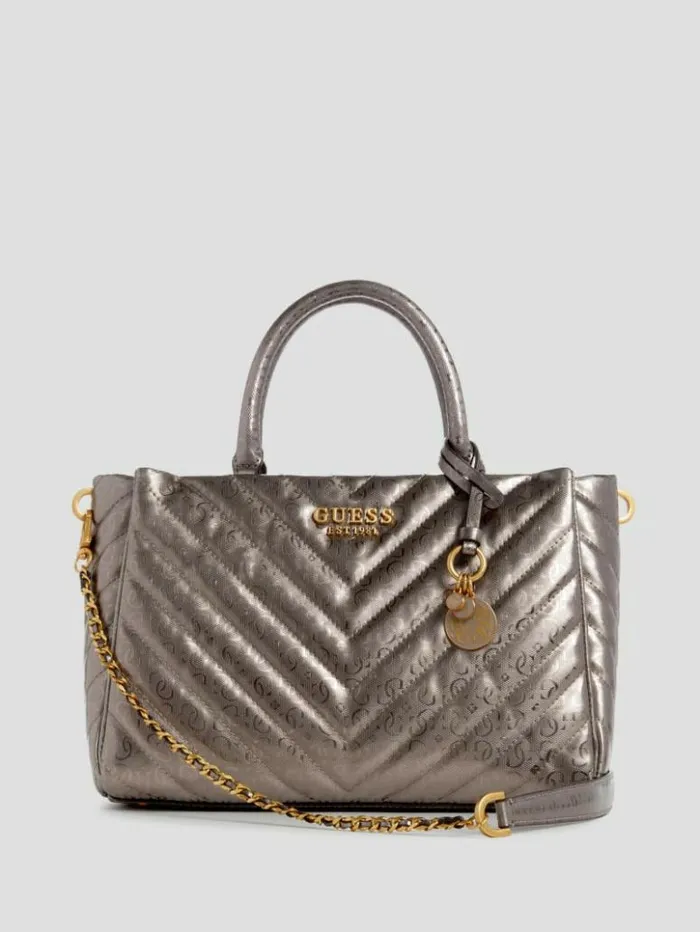 Women GUESS Handbags Jania Metallic Quilted Society Satchel Pewter