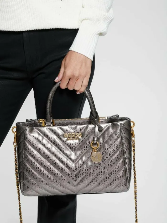 Women GUESS Handbags Jania Metallic Quilted Society Satchel Pewter