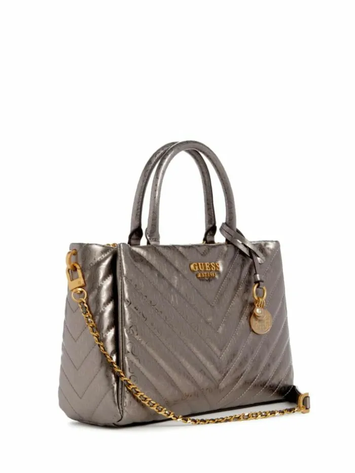 Women GUESS Handbags Jania Metallic Quilted Society Satchel Pewter
