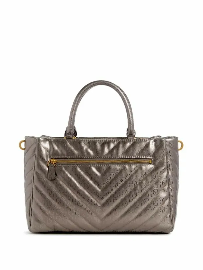 Women GUESS Handbags Jania Metallic Quilted Society Satchel Pewter