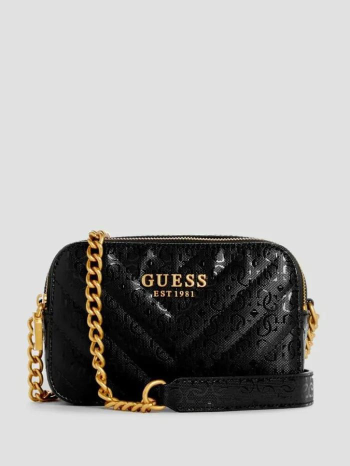 Women GUESS Handbags Jania Quilted Camera Crossbody Black