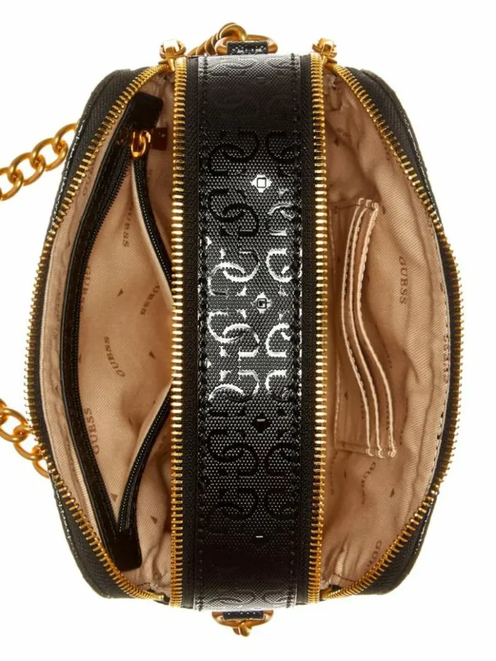 Women GUESS Handbags Jania Quilted Camera Crossbody Black