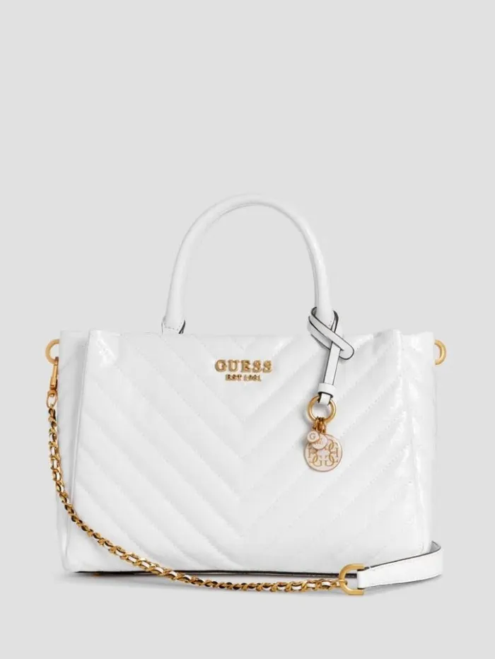 Women GUESS Handbags Jania Quilted Society Satchel White
