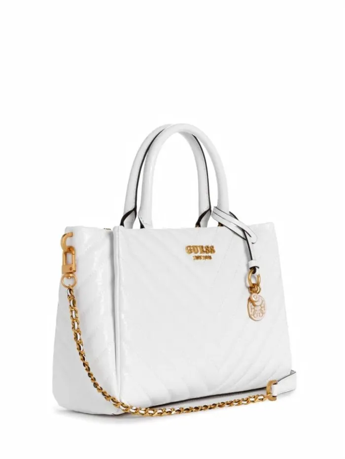 Women GUESS Handbags Jania Quilted Society Satchel White