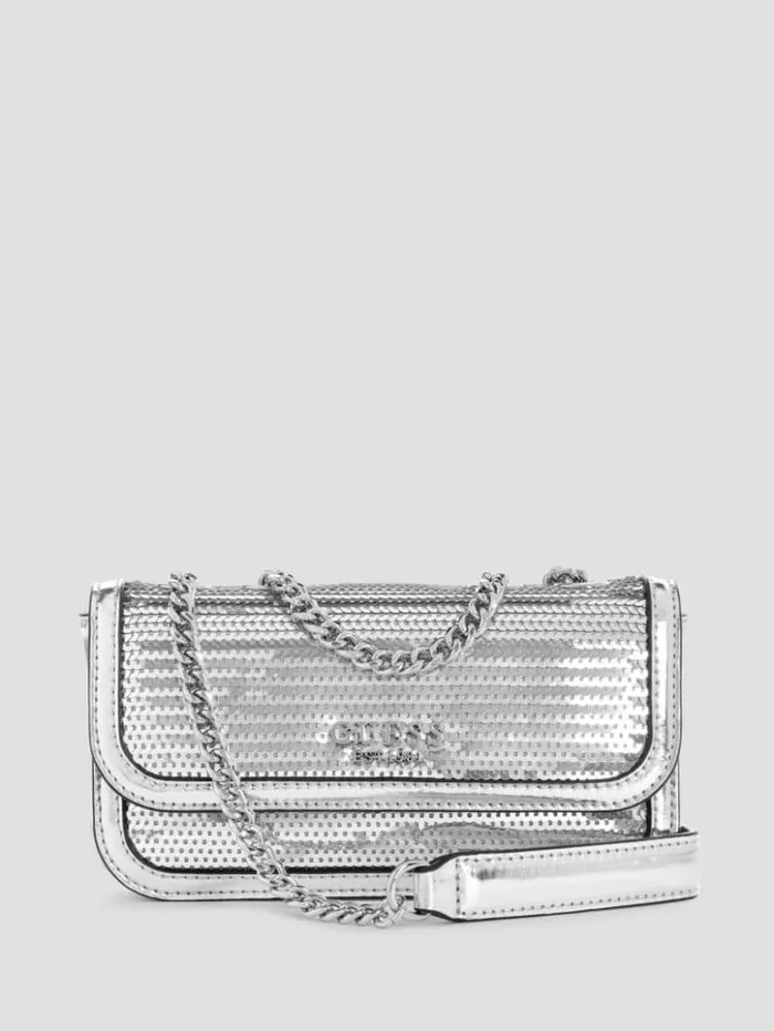 Women GUESS Handbags Kaska Metallic Mini Crossbody Silver