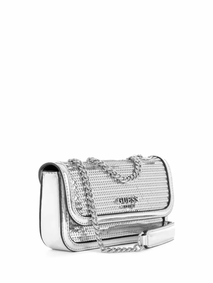 Women GUESS Handbags Kaska Metallic Mini Crossbody Silver