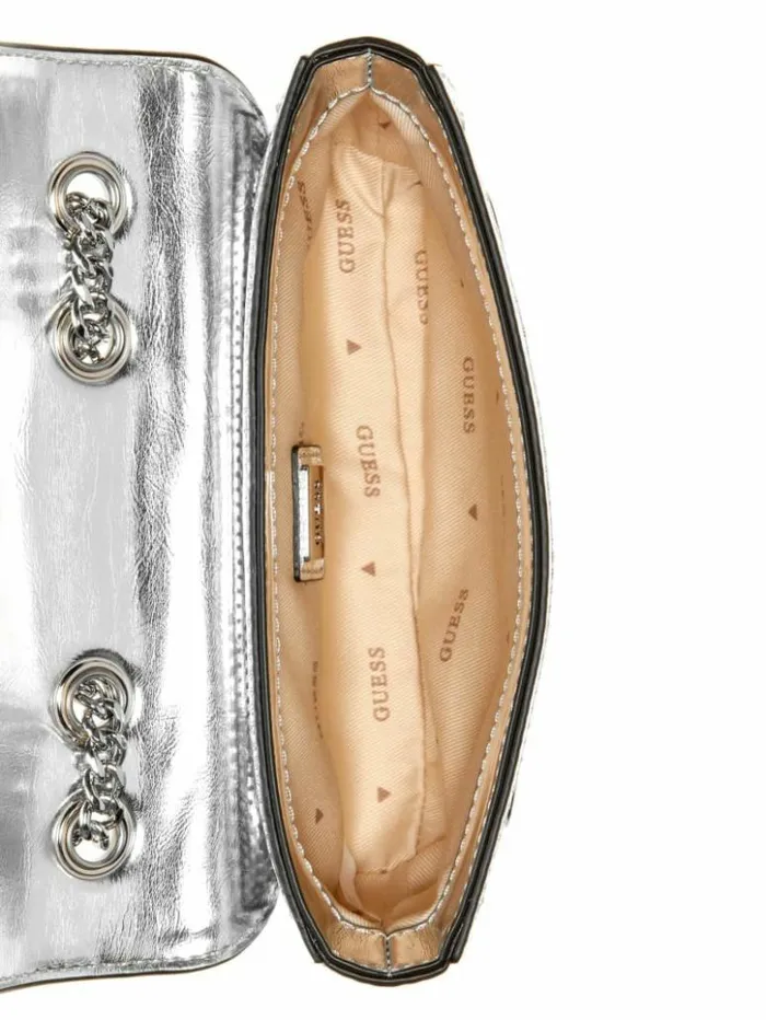 Women GUESS Handbags Kaska Metallic Mini Crossbody Silver