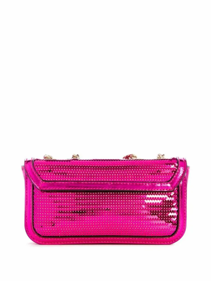 Women GUESS Handbags Kaska Sequin Convertible Mini Crossbody Fuchsia