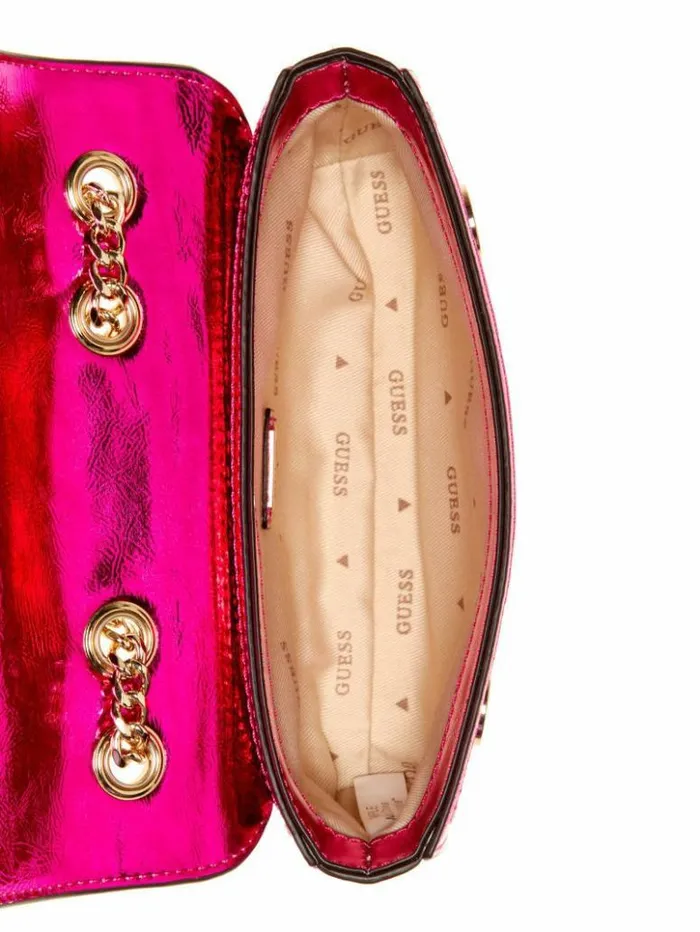 Women GUESS Handbags Kaska Sequin Convertible Mini Crossbody Fuchsia