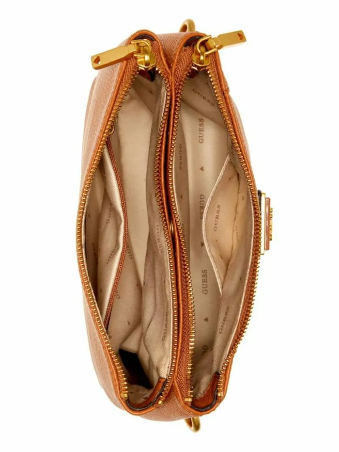 Women GUESS Handbags Laryn Pebbled DualZip Crossbody Cognac