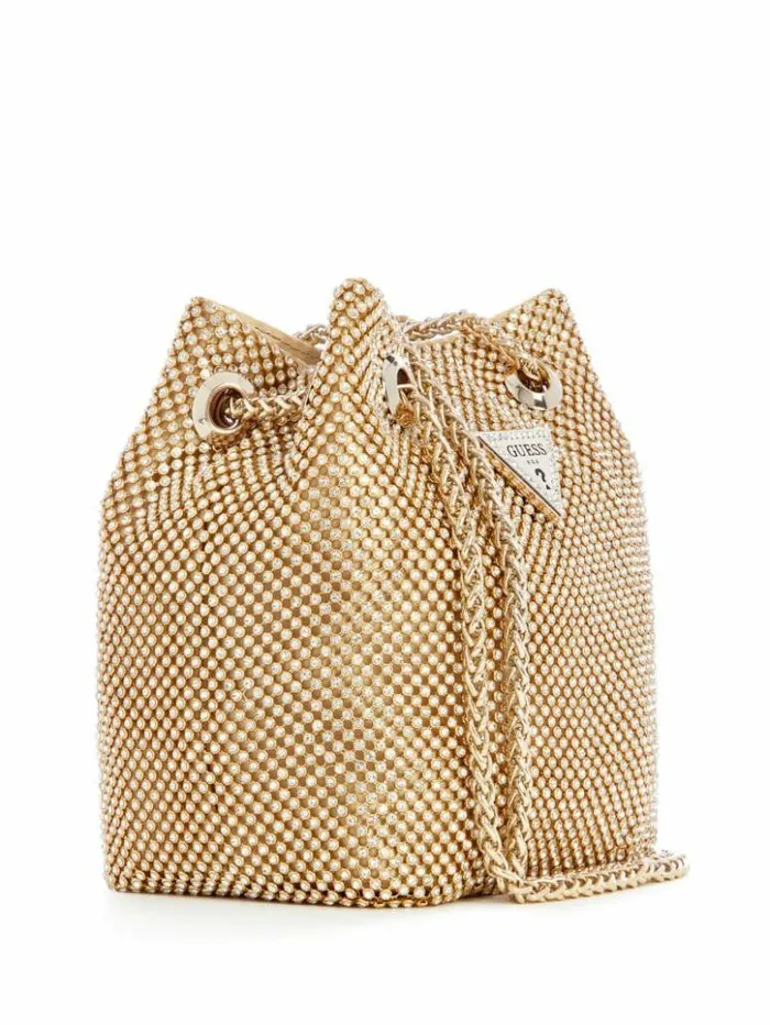 Women GUESS Handbags Lua Rhinestone Mesh Mini Pouch Bag Gold