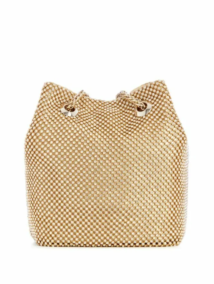 Women GUESS Handbags Lua Rhinestone Mesh Mini Pouch Bag Gold
