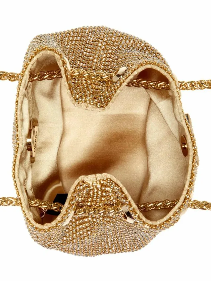 Women GUESS Handbags Lua Rhinestone Mesh Mini Pouch Bag Gold
