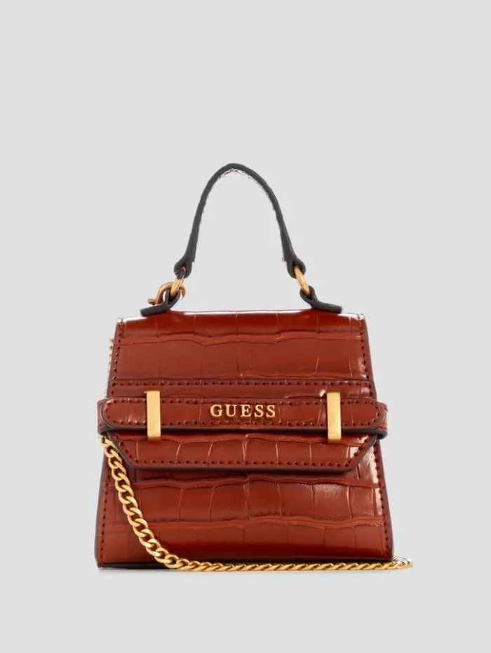 Women GUESS Handbags Sestri CrocodileEmbossed Mini Crossbody Cognac