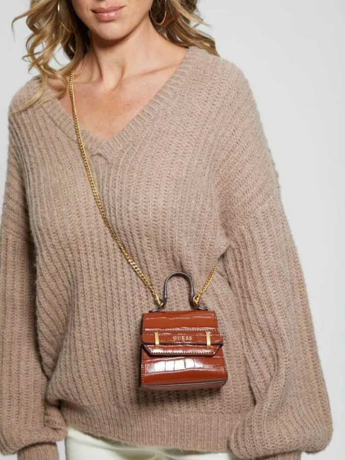 Women GUESS Handbags Sestri CrocodileEmbossed Mini Crossbody Cognac