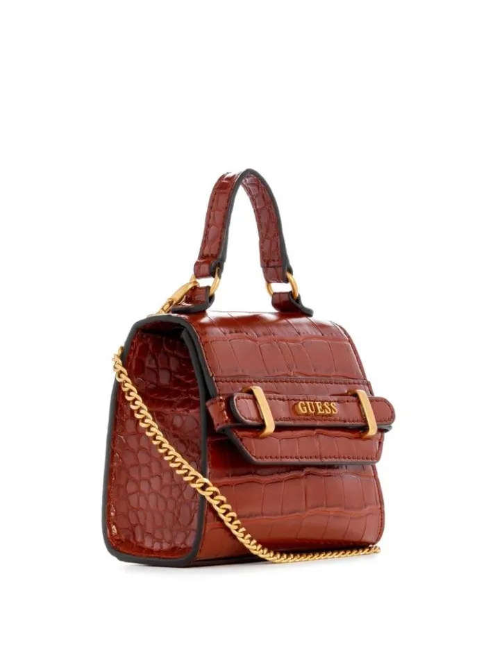 Women GUESS Handbags Sestri CrocodileEmbossed Mini Crossbody Cognac