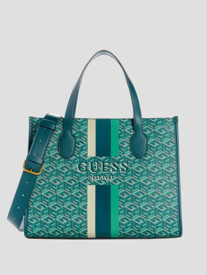 Women GUESS Handbags Silvana G Cube Tote Hunter Logo