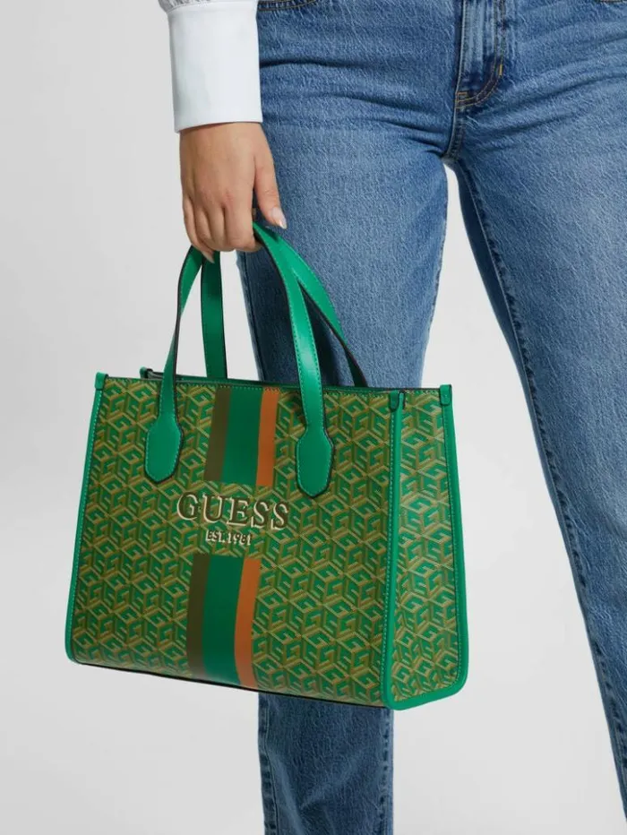 Women GUESS Handbags Silvana G Cube Tote Hunter Logo