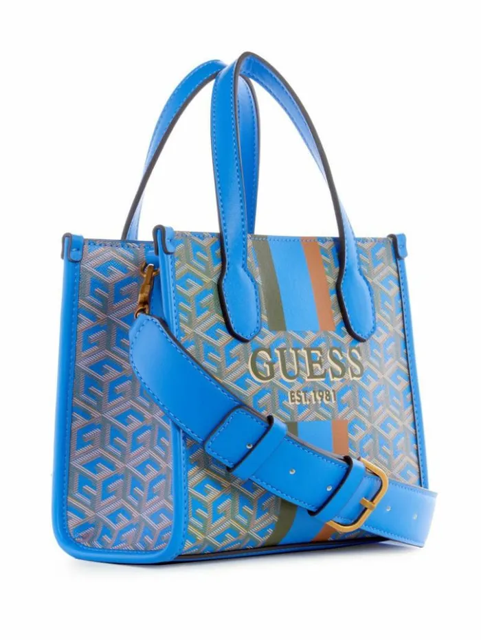 Women GUESS Handbags Silvana Mini Totes Aquatic Logo