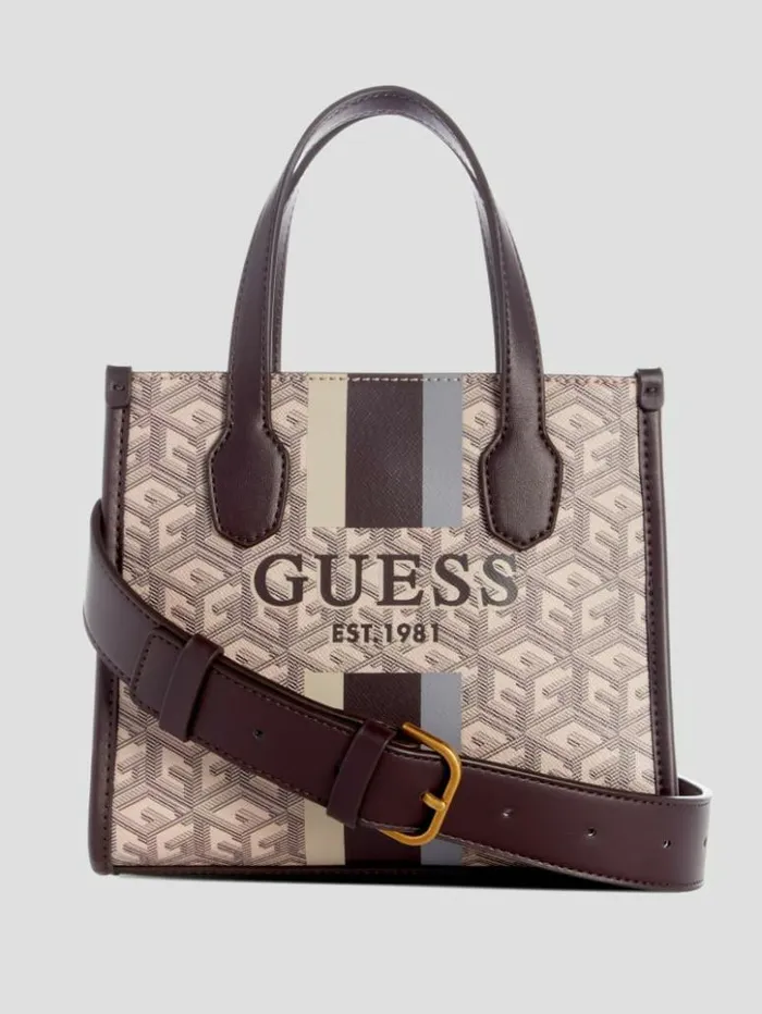 Women GUESS Handbags Silvana Mini Totes Espresso Logo