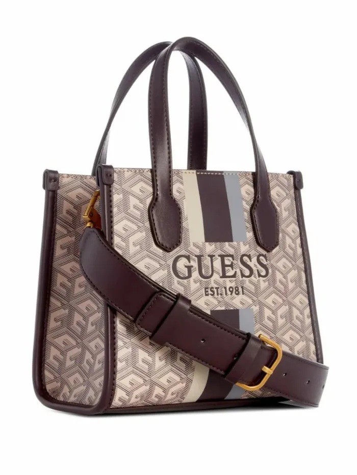 Women GUESS Handbags Silvana Mini Totes Espresso Logo