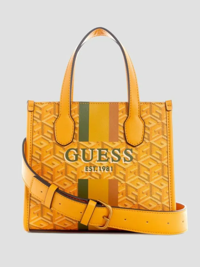 Women GUESS Handbags Silvana Mini Totes Yellow Logo