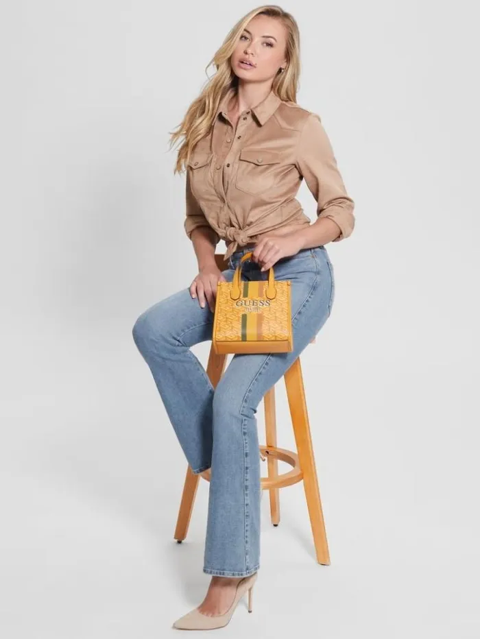 Women GUESS Handbags Silvana Mini Totes Yellow Logo