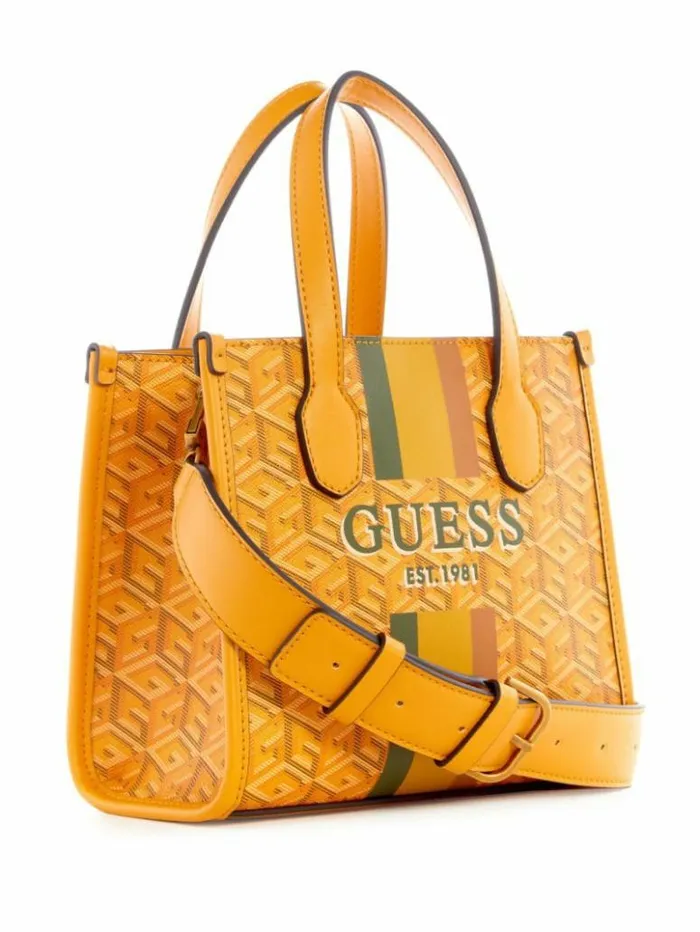 Women GUESS Handbags Silvana Mini Totes Yellow Logo