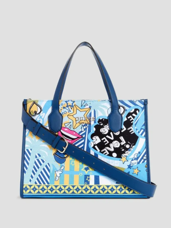 Women GUESS Handbags Silvana Pop Art Tote Rainbow Multi Combo