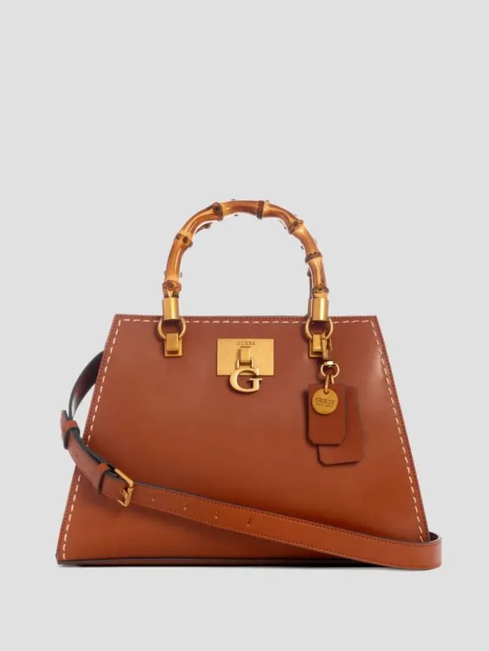 Women GUESS Handbags Stephi Bamboo Handle Satchel Cognac