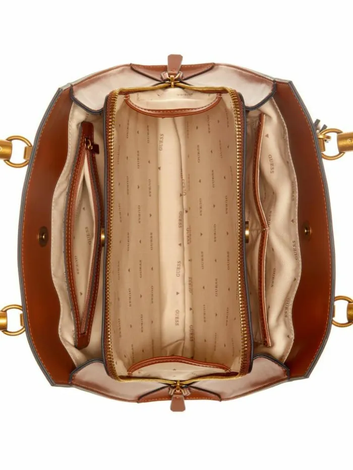 Women GUESS Handbags Stephi Bamboo Handle Satchel Cognac