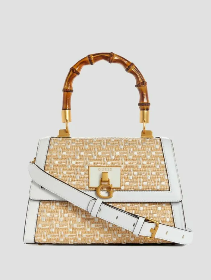 Women GUESS Handbags Stephi Straw Logo Bamboo FoldOver Satchel White Multi