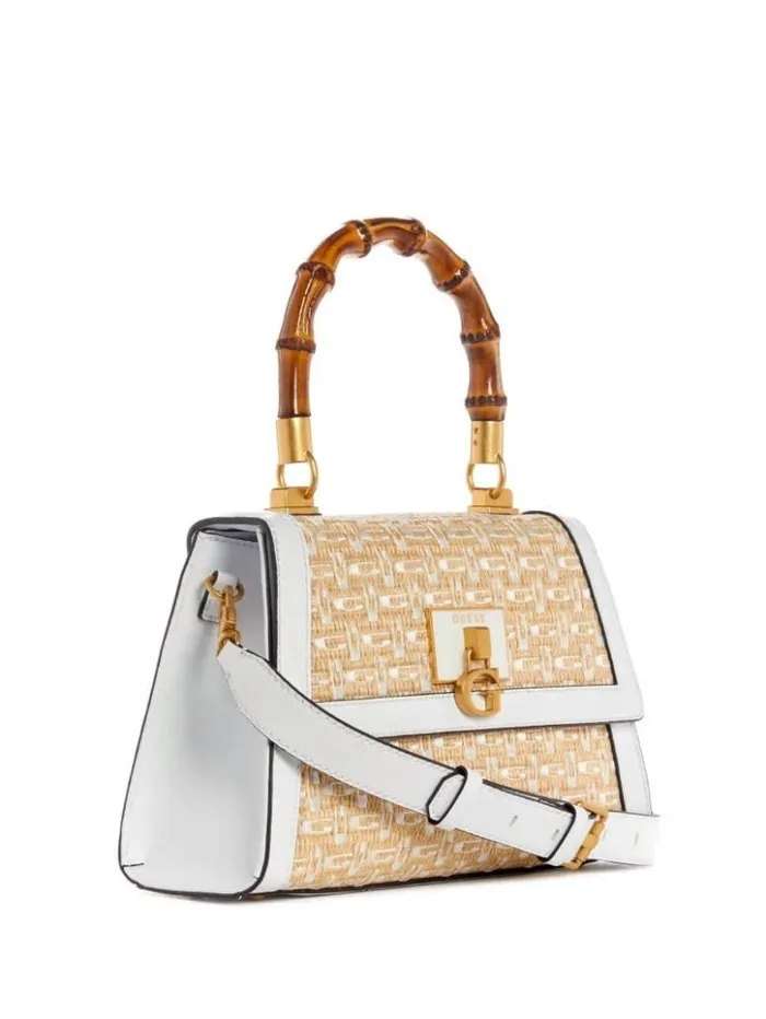 Women GUESS Handbags Stephi Straw Logo Bamboo FoldOver Satchel White Multi