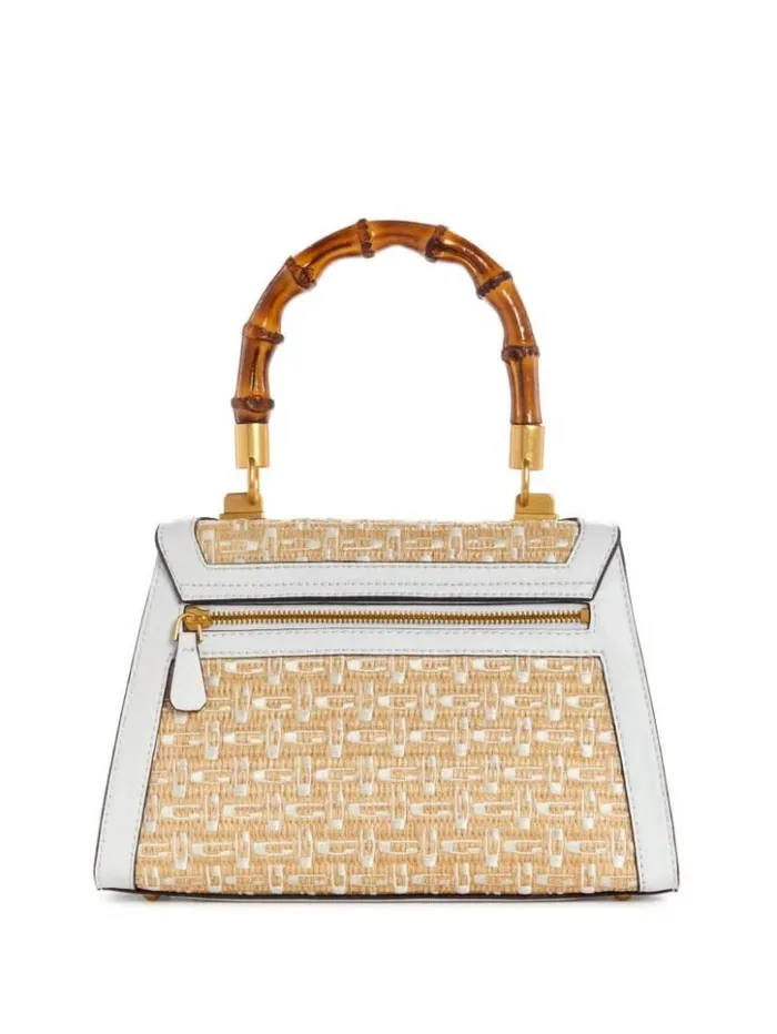 Women GUESS Handbags Stephi Straw Logo Bamboo FoldOver Satchel White Multi
