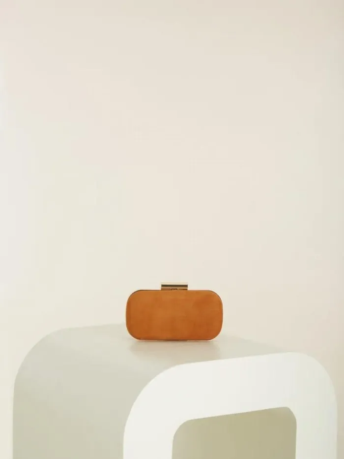 Women GUESS Handbags Suede Leather Clutch Cognac