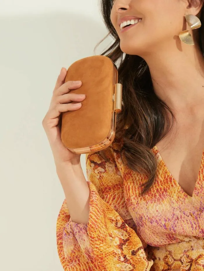 Women GUESS Handbags Suede Leather Clutch Cognac