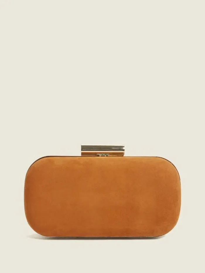 Women GUESS Handbags Suede Leather Clutch Cognac