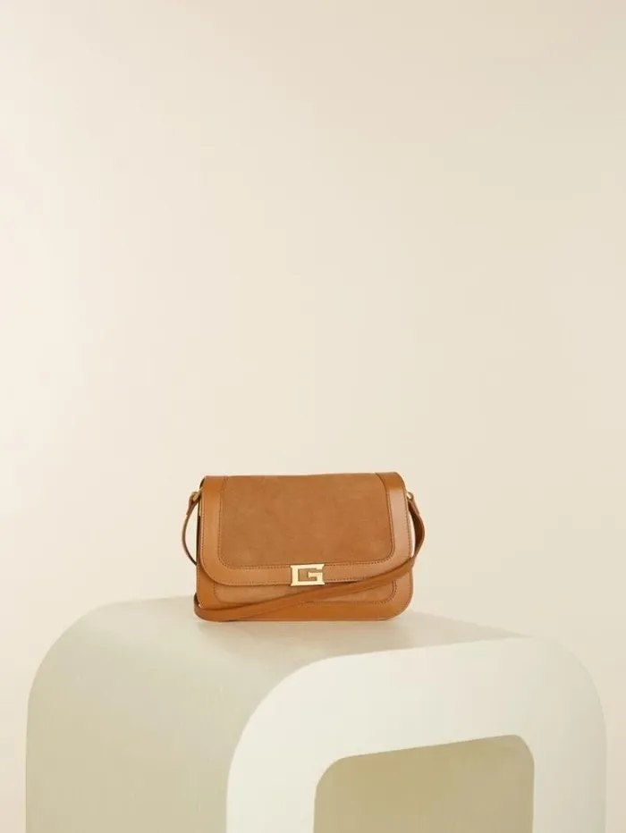 Women GUESS Handbags Thea Mini Flap Leather Crossbody Cognac