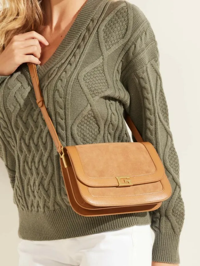 Women GUESS Handbags Thea Mini Flap Leather Crossbody Cognac