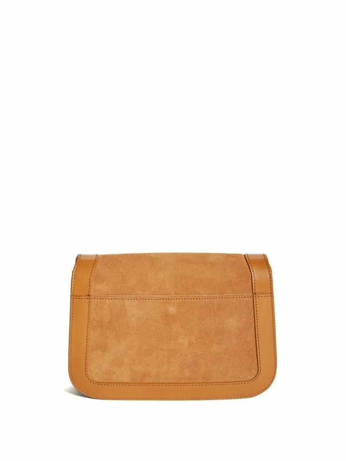 Women GUESS Handbags Thea Mini Flap Leather Crossbody Cognac