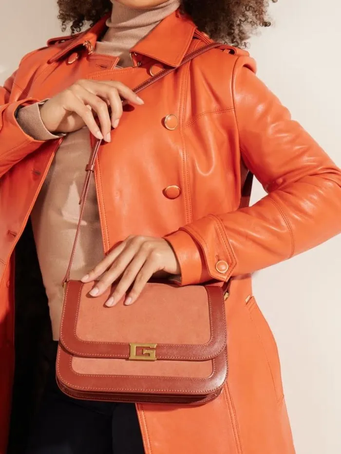 Women GUESS Handbags Thea Mini Flap Leather Crossbody Rus